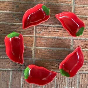 Set of 5 Red Chili Pepper Bowls with Green Stems on Top